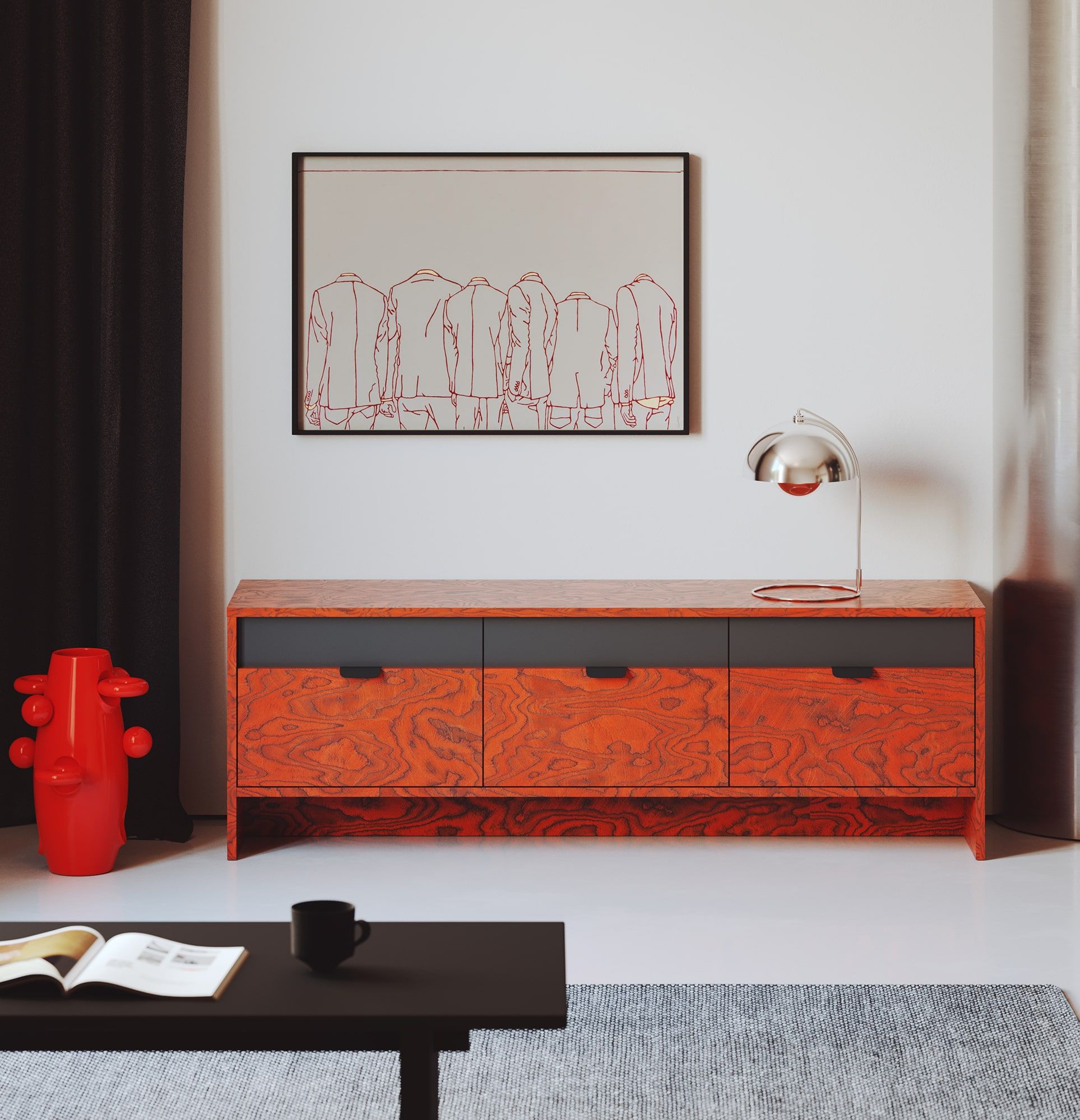 Dulap LAYERS RTV LAY05
Culoare: furnir roșu Sottsass
Culoarea celui de-al doilea strat frontal: Diamond Grey
Mâner: Mâner LAYERS 110 Black Onyx