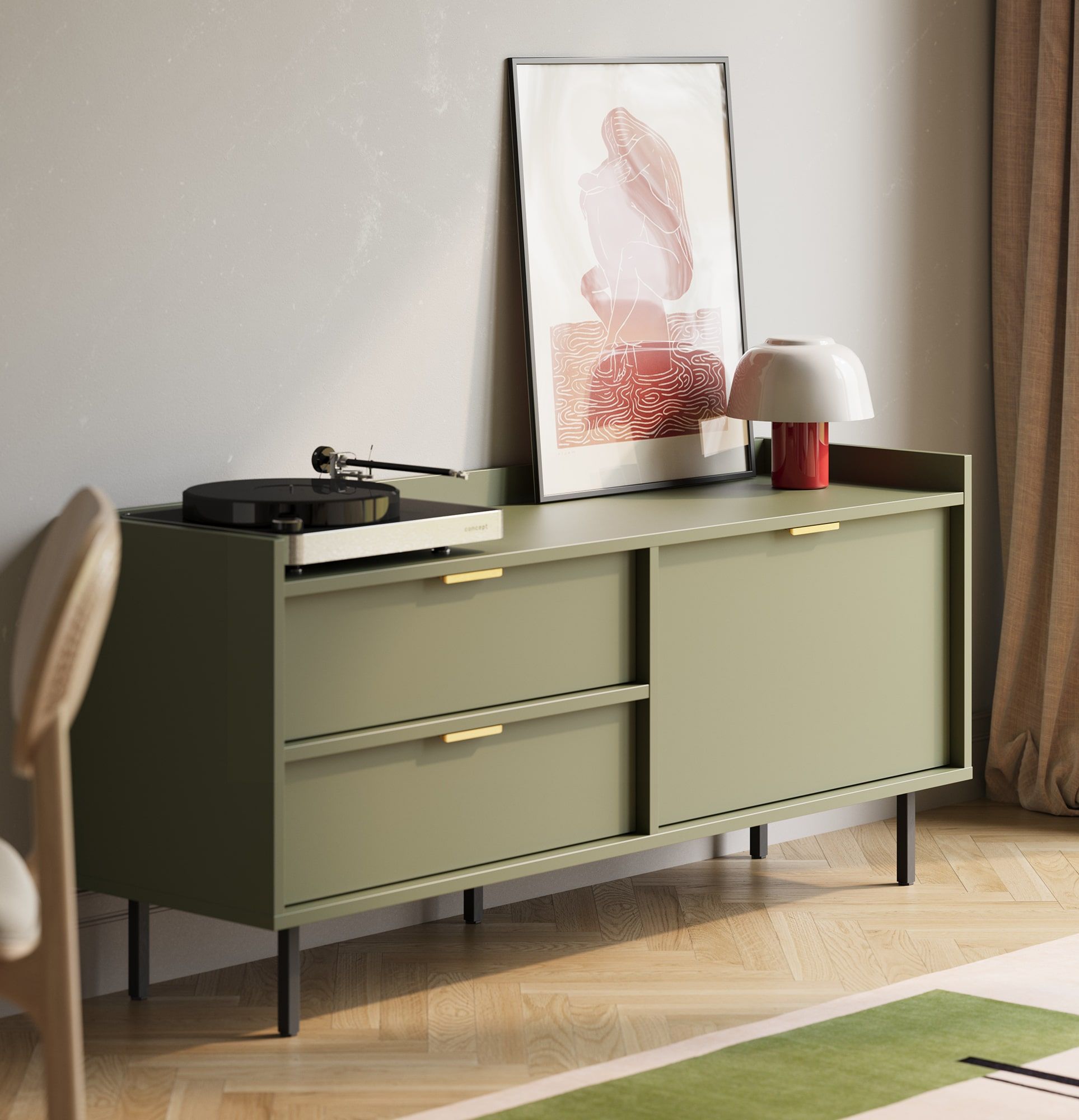 Dulap RTV SIGI S2TV2S
Culoare: Verde cypress
Picior: Negru
Mâner: LING Gold
                            