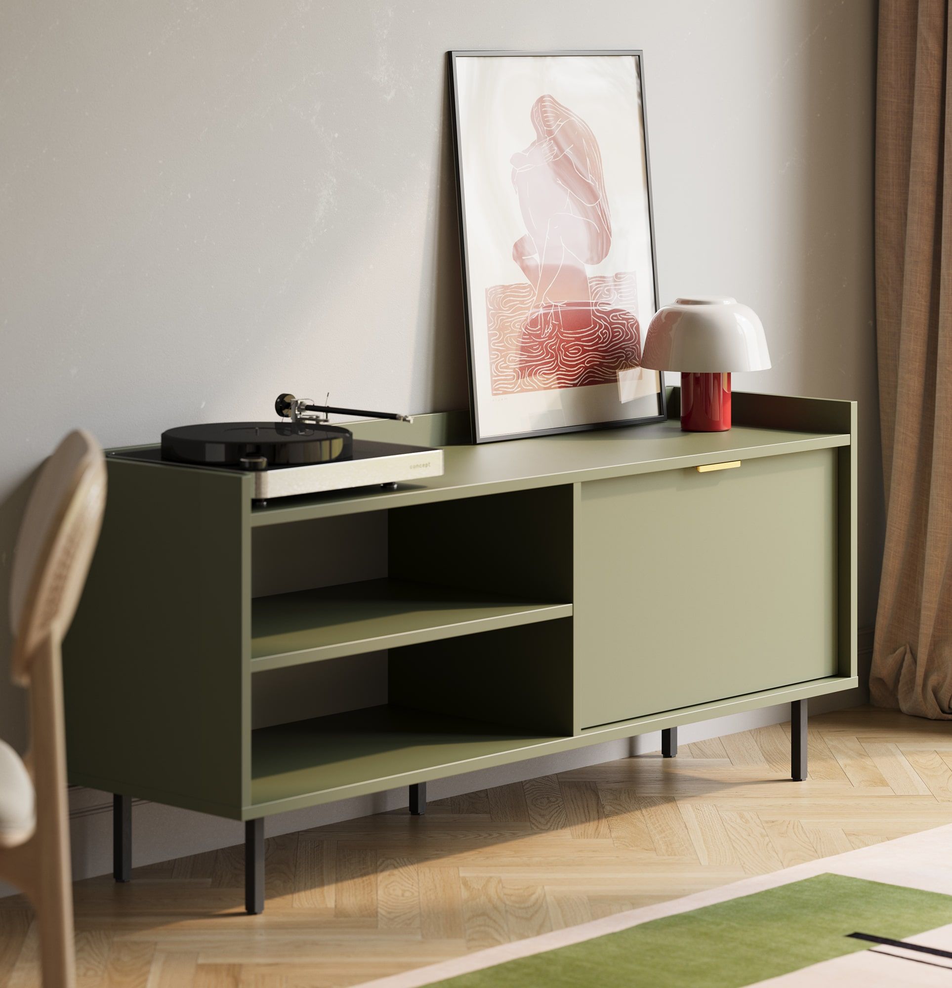 Dulap RTV SIGI S2TV3
Culoare: Verde cypress
Picior: Negru
Mâner: LING Gold