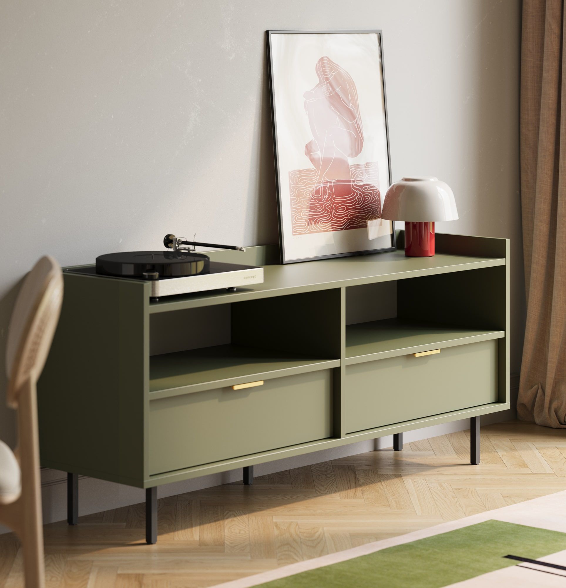 Dulap RTV SIGI S2TV5
Culoare: Verde cypress
Picior: Negru
Mâner: LING Gold
