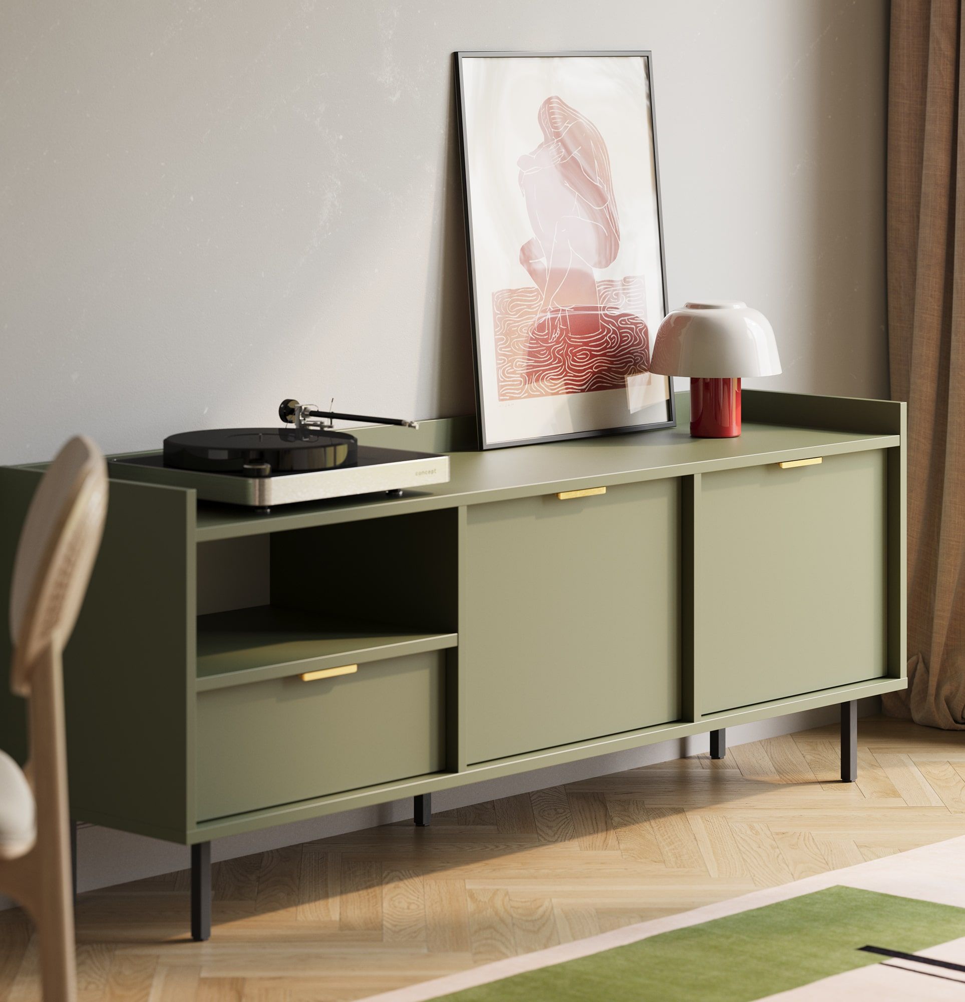 Dulap RTV SIGI STV1
Culoare: Verde cypress
Picior: Negru
Mâner: LING Gold