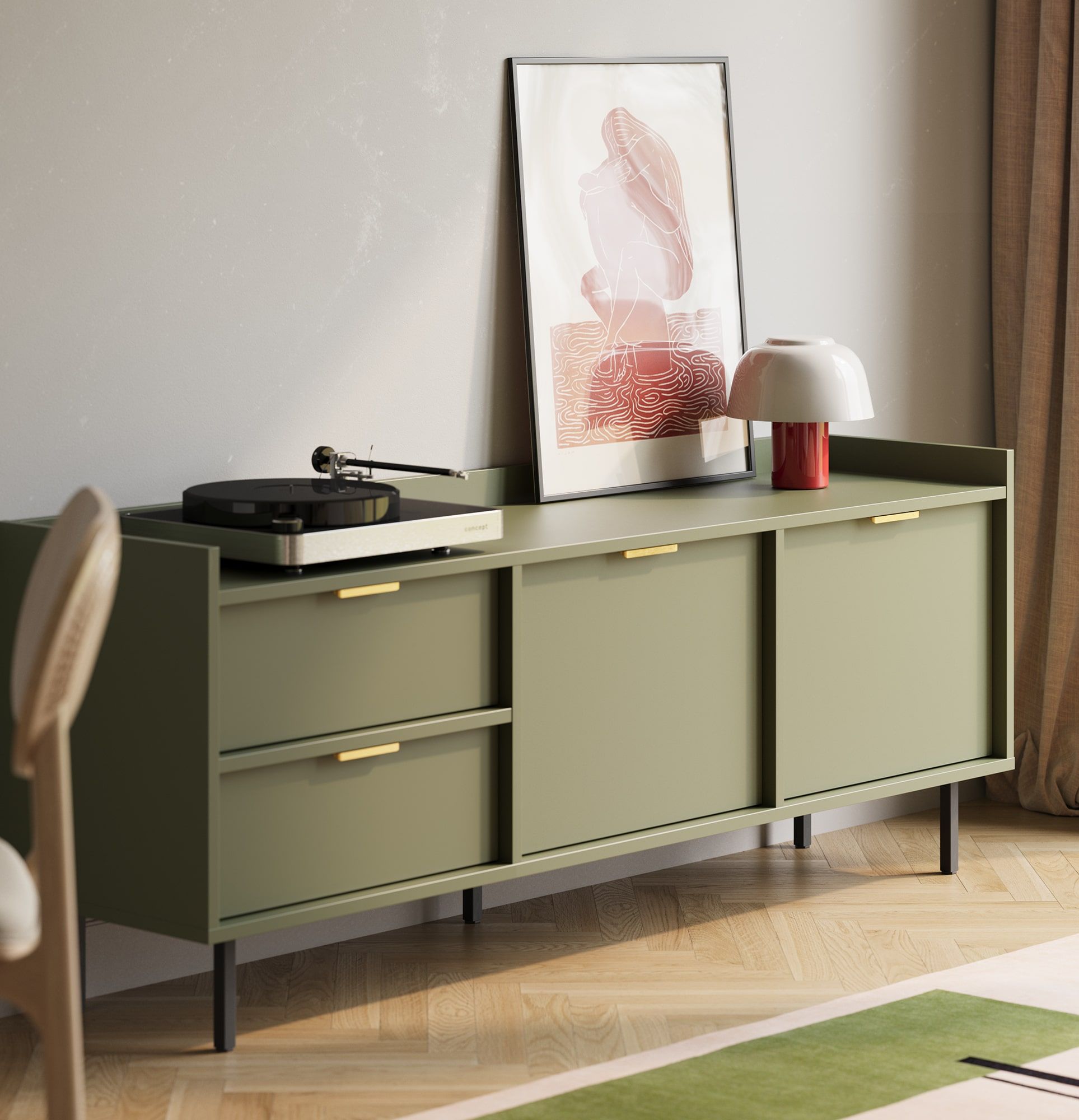 Dulap RTV SIGI STV2S
Culoare: Verde cypress
Picior: Negru
Mâner: LING Gold