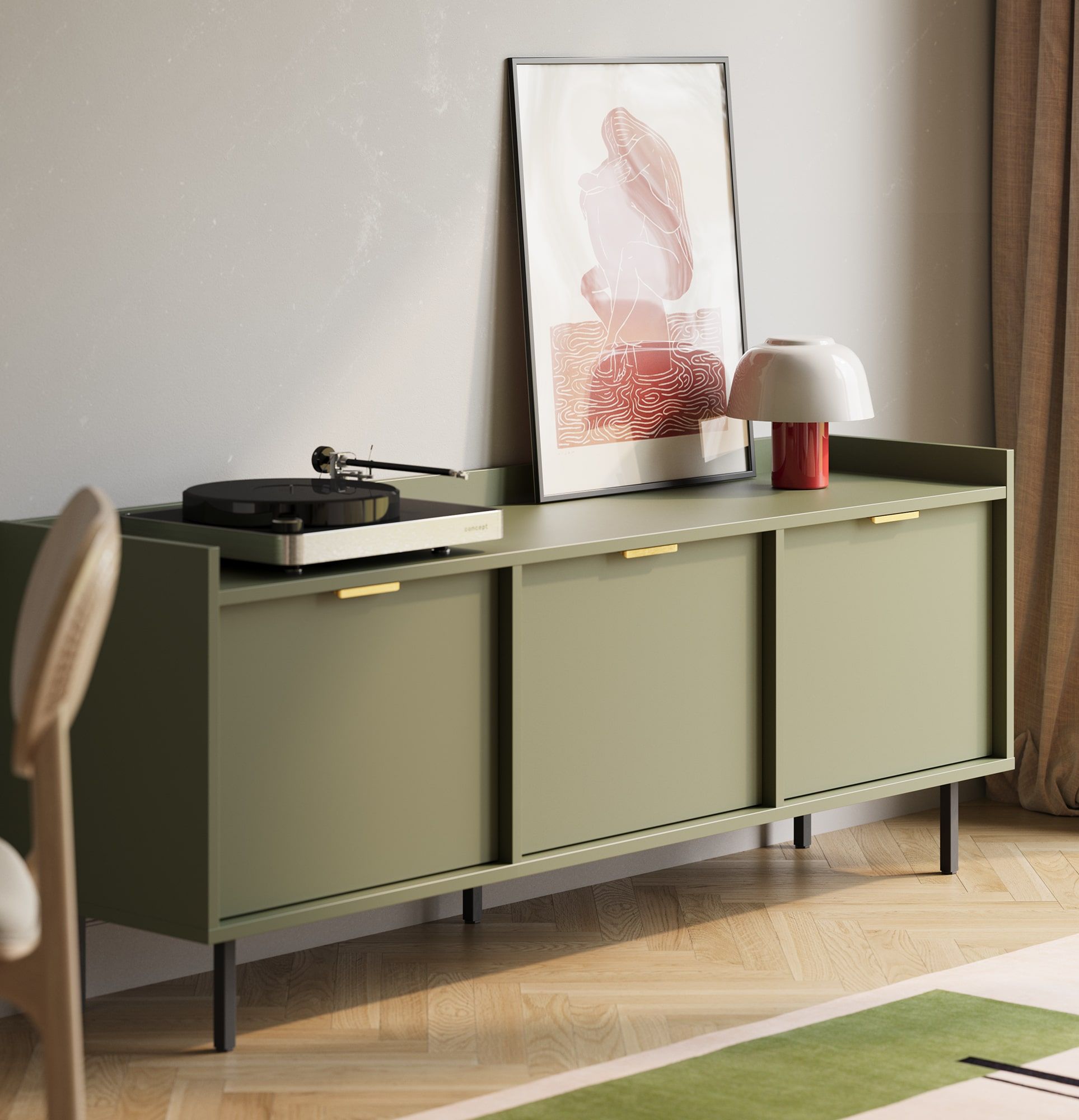 Dulap RTV SIGI STV3K
Culoare: Verde cypress
Picior: Negru
Mâner: LING Gold