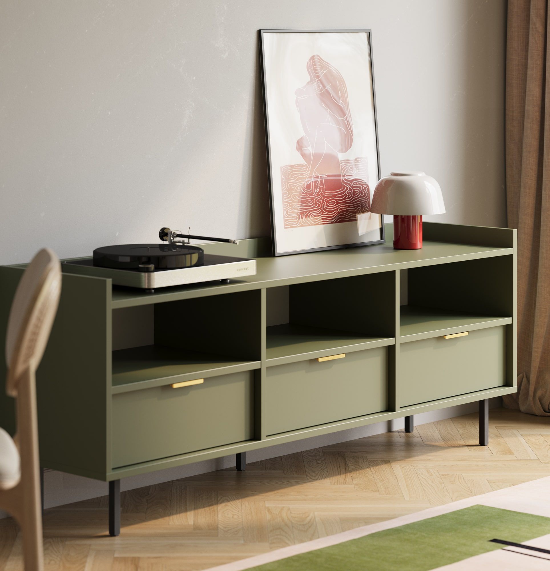 Dulap RTV SIGI STV3S
Culoare: Verde cypress
Picior: Negru
Mâner: LING Gold