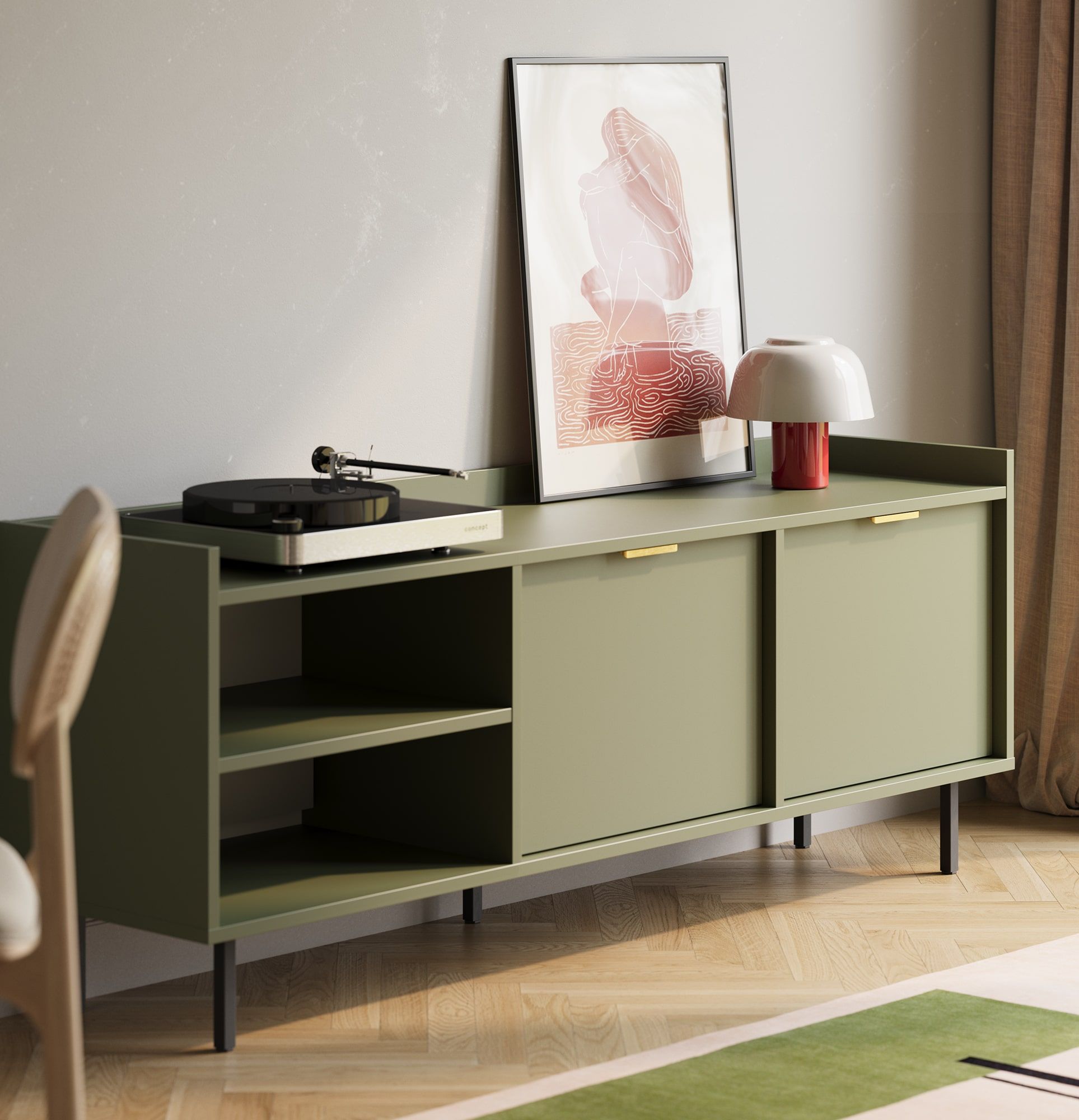 Dulap RTV SIGI STV4
Culoare: Verde cypress
Picior: Negru
Mâner: LING Gold