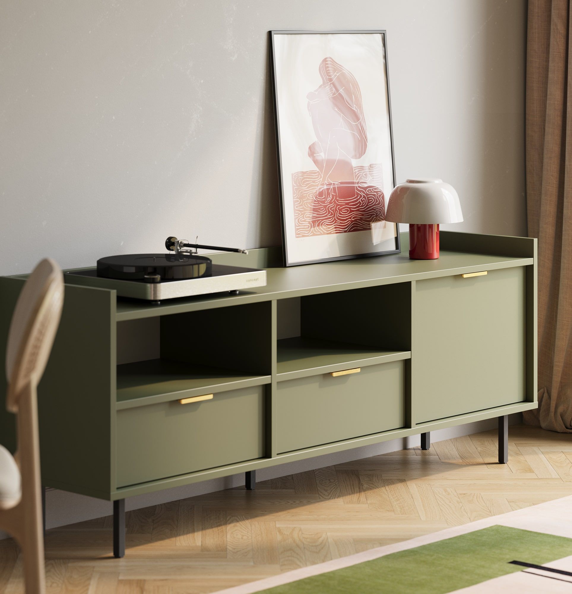 Dulap RTV SIGI STV5
Culoare: Verde cypress
Picior: Negru
Mâner: LING Gold