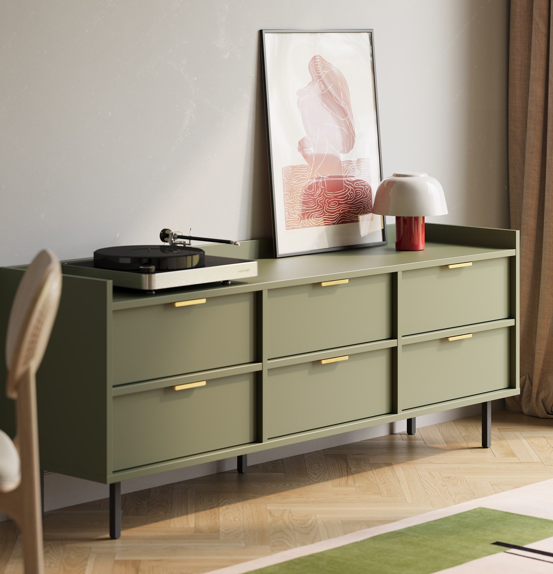 Dulap RTV SIGI STV6S
Culoare: Verde cypress
Picior: Negru
Mâner: LING Gold