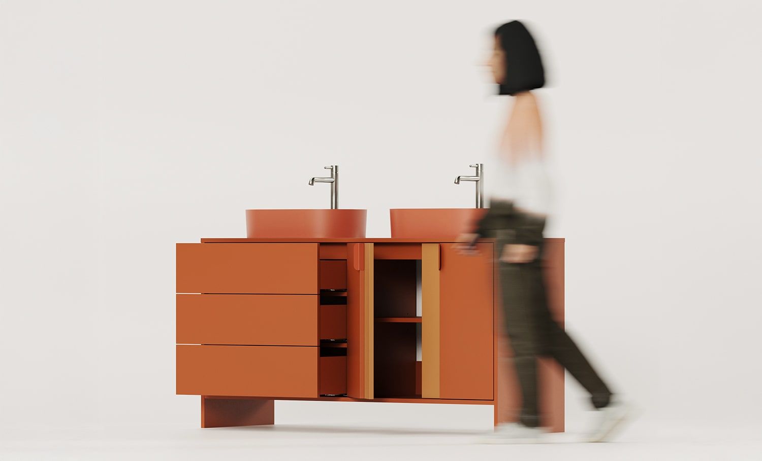 Dulap dublu pentru lavoar OMNIRES LAYERS LAY74
Culoare: Fiery Terracotta
Culoarea celui de-al doilea strat frontal: Sahara Deep
Mâner: LAYERS 110 Fire Terracotta
Lavetă: OVO M+ Terracotta OMNIRES
Robinet: Tall Y Nickel OMNIRES