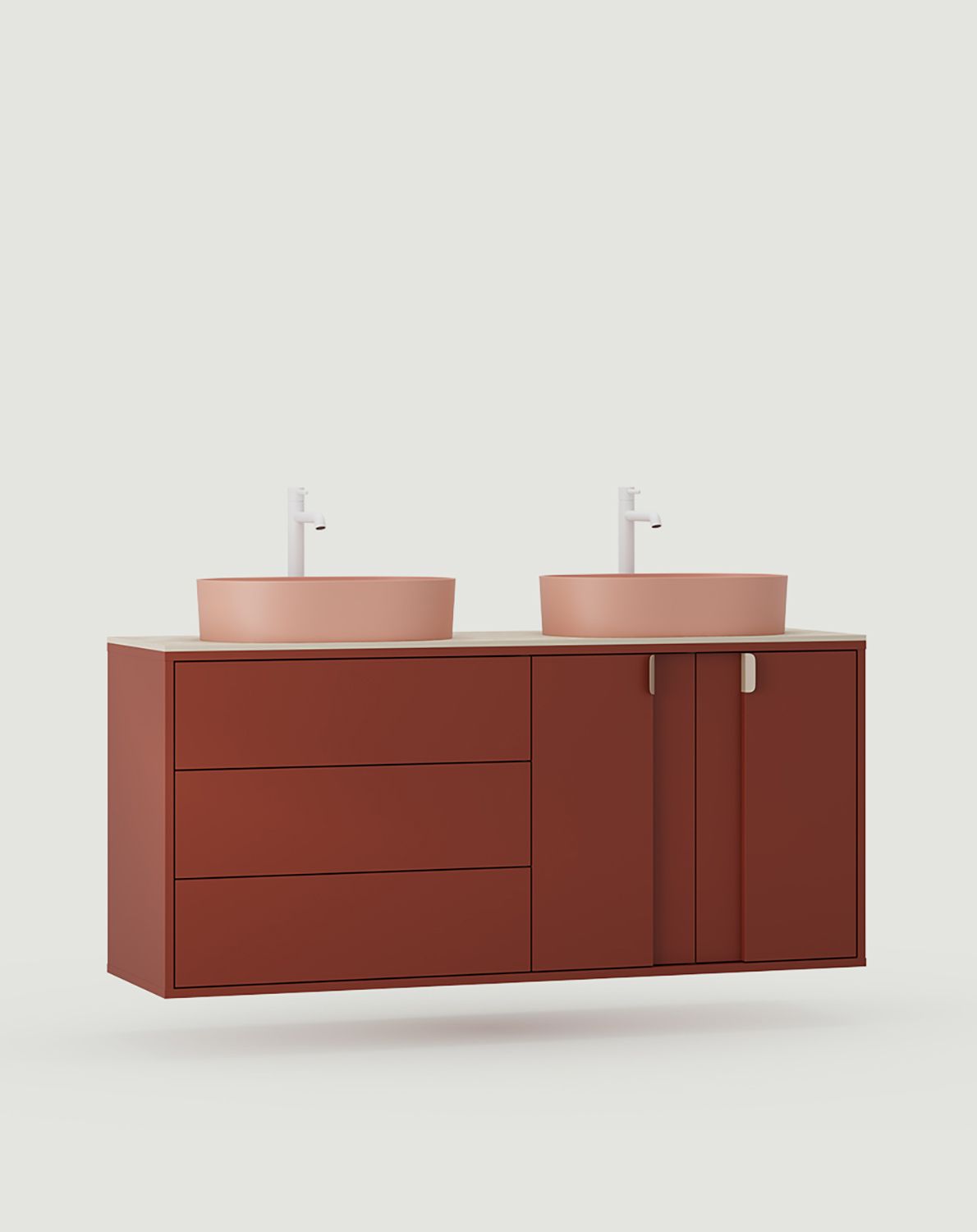 OMNIRES LAYERS dulap dublu pentru lavoar montat pe perete LAY76
Culoare: Fiery Terracotta
Culoarea frontală a celui de-al doilea strat: Fire Terracotta
Mâner: LAYERS 110 Cappuccino
Lavetă: OVO M+ Coral OMNIRES
Robinet: Tall Y White Mat OMNIRES
Blat:
