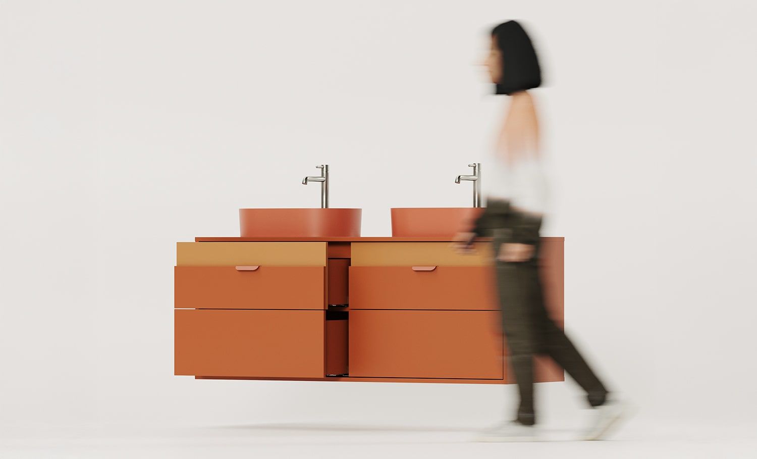 Dulap suspendat cu sertare pentru lavoar dublu OMNIRES LAYERS LAY72
Culoare: Fiery Terracotta
Culoarea frontală a celui de-al doilea strat: Sahara Deep
Mâner: LAYERS 110 Fire Terracotta
Lavetă: OVO M+ Terracotta OMNIRES
Robinet: Tall Y Nickel OMNIRES