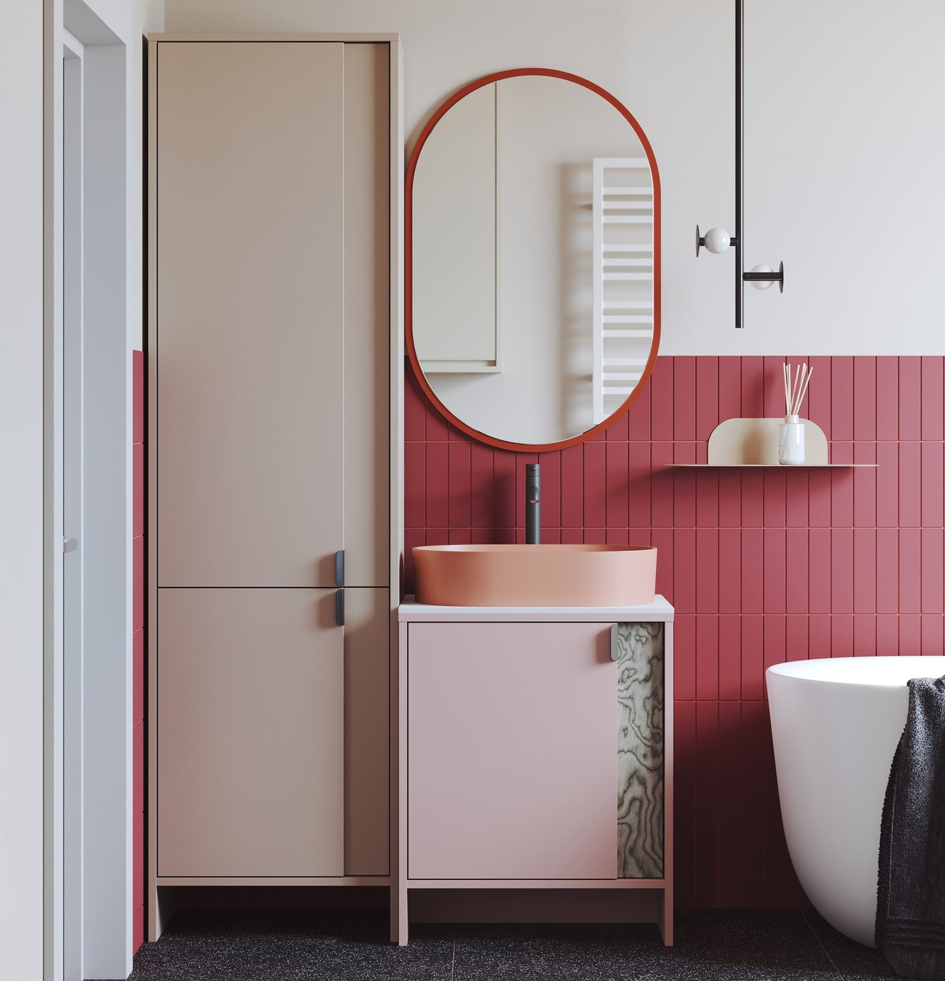 Dulap cu lavoar vertical OMNIRES LAYERS LAY60
Culoare: Antique Rose
Culoarea celui de-al doilea strat frontal: Sottsass Grey Veneer
Mâner: LAYERS 110 Black Onyx
Bazin: OVO M+ Coral OMNIRES
Robinet: Tall Y Negru OMNIRES
Blat: White Crystal Sp