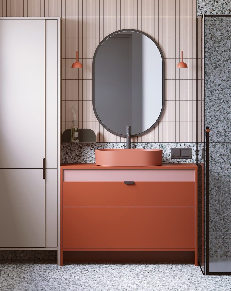 Dulap lavoar vertical OMNIRES cu sertare LAYERS LAY61
Culoare: Fiery Terracotta
Culoarea celui de-al doilea strat frontal: Antique Rose
Mâner: LAYERS 110 Black Onyx
Lavetă: OVO M+ Coral OMNIRES
Robinet: Tall Y Negru OMNIRES