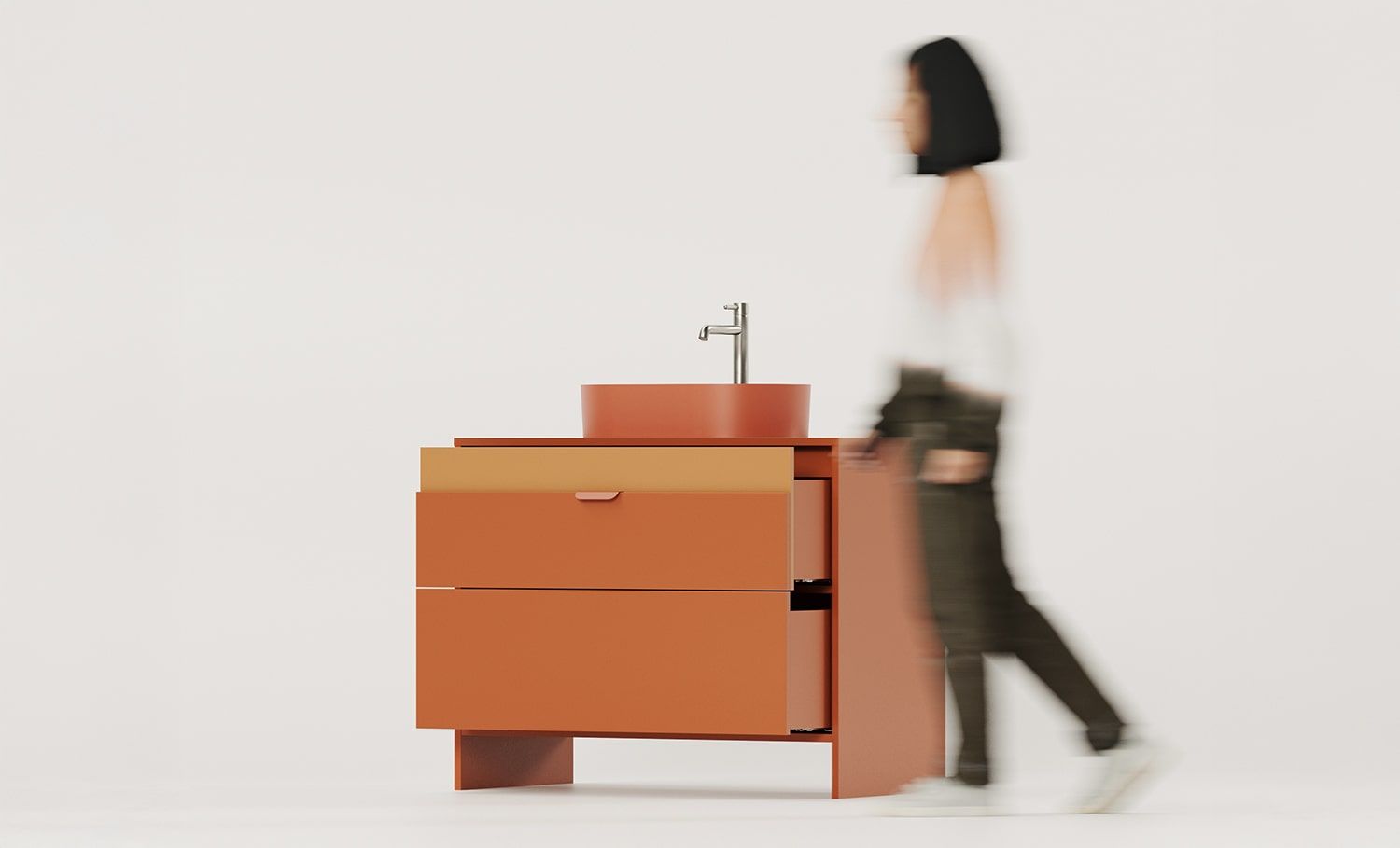 Dulap lavoar vertical OMNIRES cu sertare LAYERS LAY61
Culoare: Fiery Terracotta
Culoarea celui de-al doilea strat frontal: Sahara Deep
Mâner: LAYERS 110 Fire Terracotta
Bazin: OVO M+ Terracotta OMNIRES
Robinet: Tall Y Nickel OMNIRES
         
