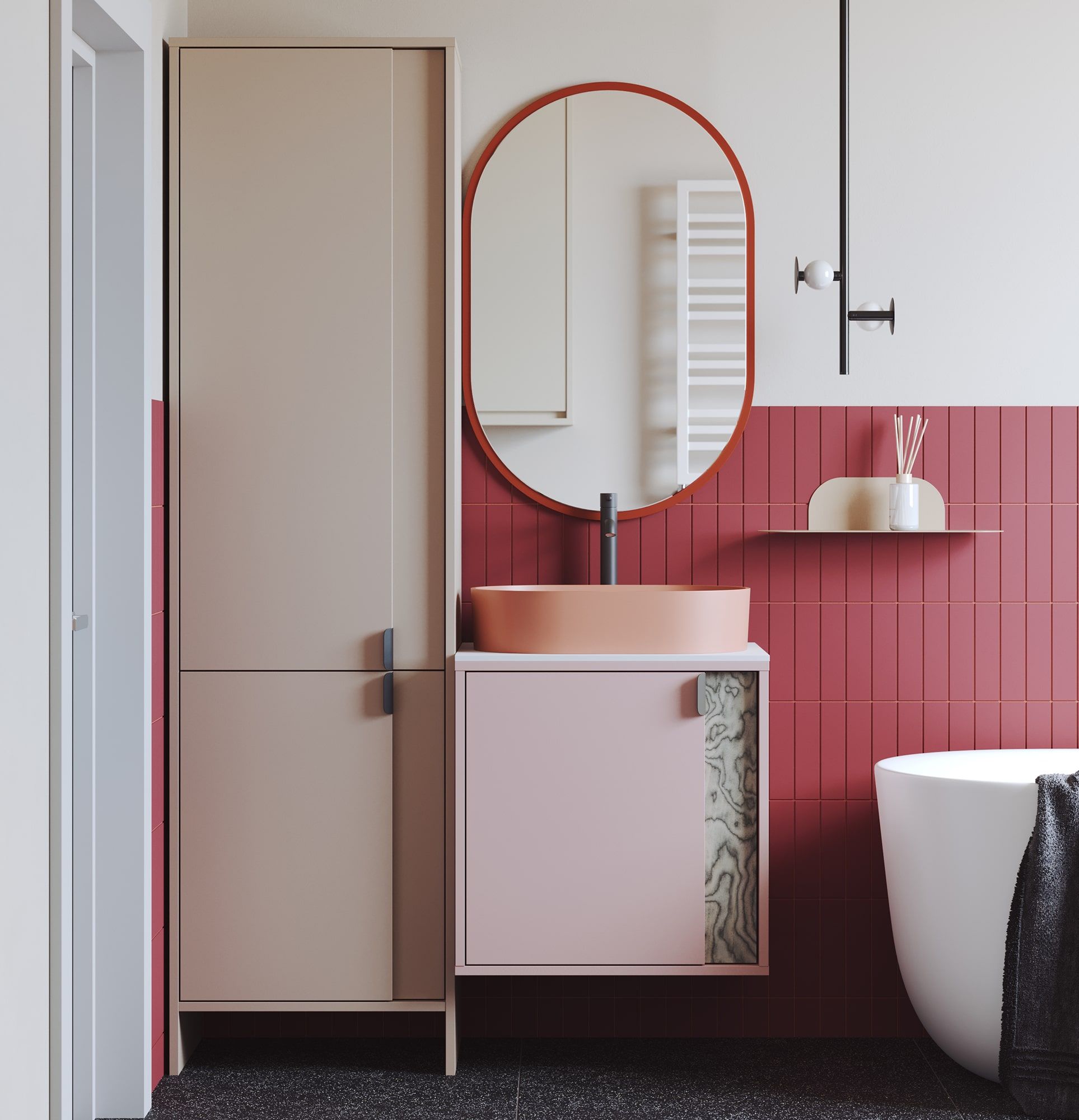 Dulap suspendat pentru lavoar OMNIRES LAYERS LAY62
Culoare: Antique Rose
Culoarea celui de-al doilea strat frontal: furnir gri Sottsass
Mâner: LAYERS 110 Black Onyx
Bazin: OVO M+ Coral OMNIRES
Robinet: Tall Y Negru OMNIRES
Blat de lucru: White Cryst