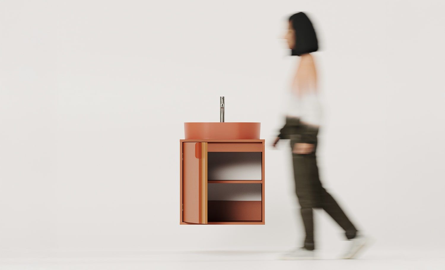 Dulap pentru lavoar montat pe perete OMNIRES LAYERS LAY62
Culoare: Fiery Terracotta
Culoarea celui de-al doilea strat frontal: Sahara Deep
Mâner: LAYERS 110 Fire Terracotta
Bazin: OVO M+ Terracotta OMNIRES
Robinet: Tall Y Nickel OMNIRES
            