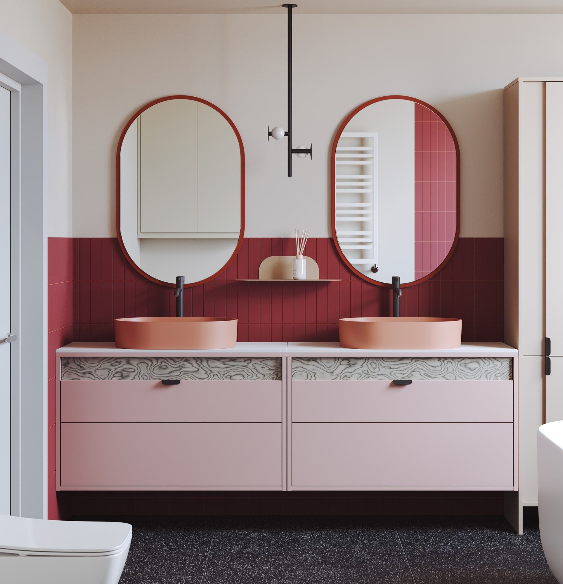 Dulap lavoar suspendat OMNIRES cu sertare LAYERS LAY63
Culoare: Antique Rose
Culoarea celui de-al doilea strat frontal: Sottsass Grey Veneer
Mâner: LAYERS 110 Black Onyx
Bazin: OVO M+ Coral OMNIRES
Robinet: Tall Y Negru OMNIRES
Blat de lucru: White 