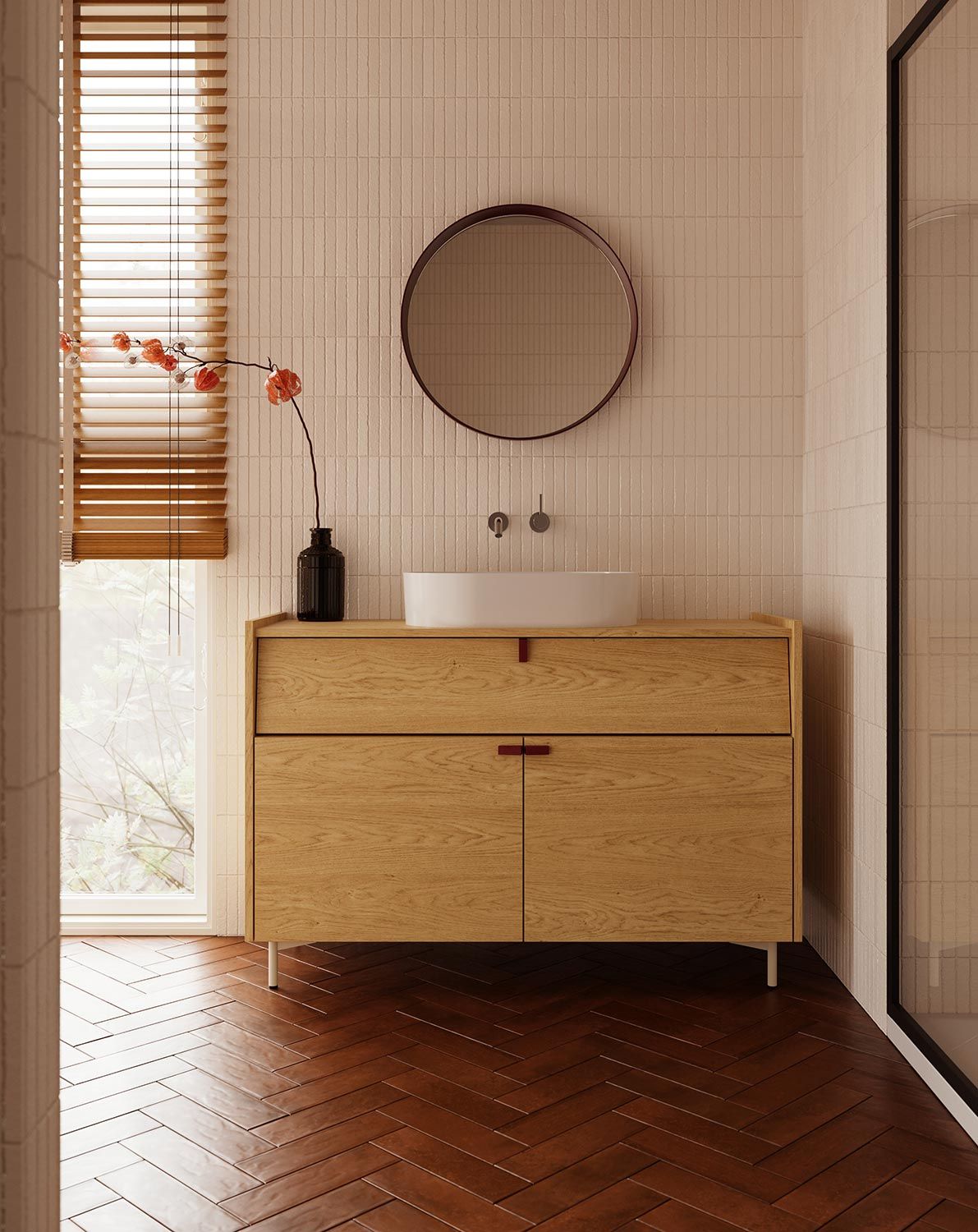 Dulap cu chiuvetă OMNIRES SKRA SKR67
Culoare: Stejar Baltic
Mâner: Burgundy Wedge
Picior: Milky Way
Chiuvetă: OVO M+ White
