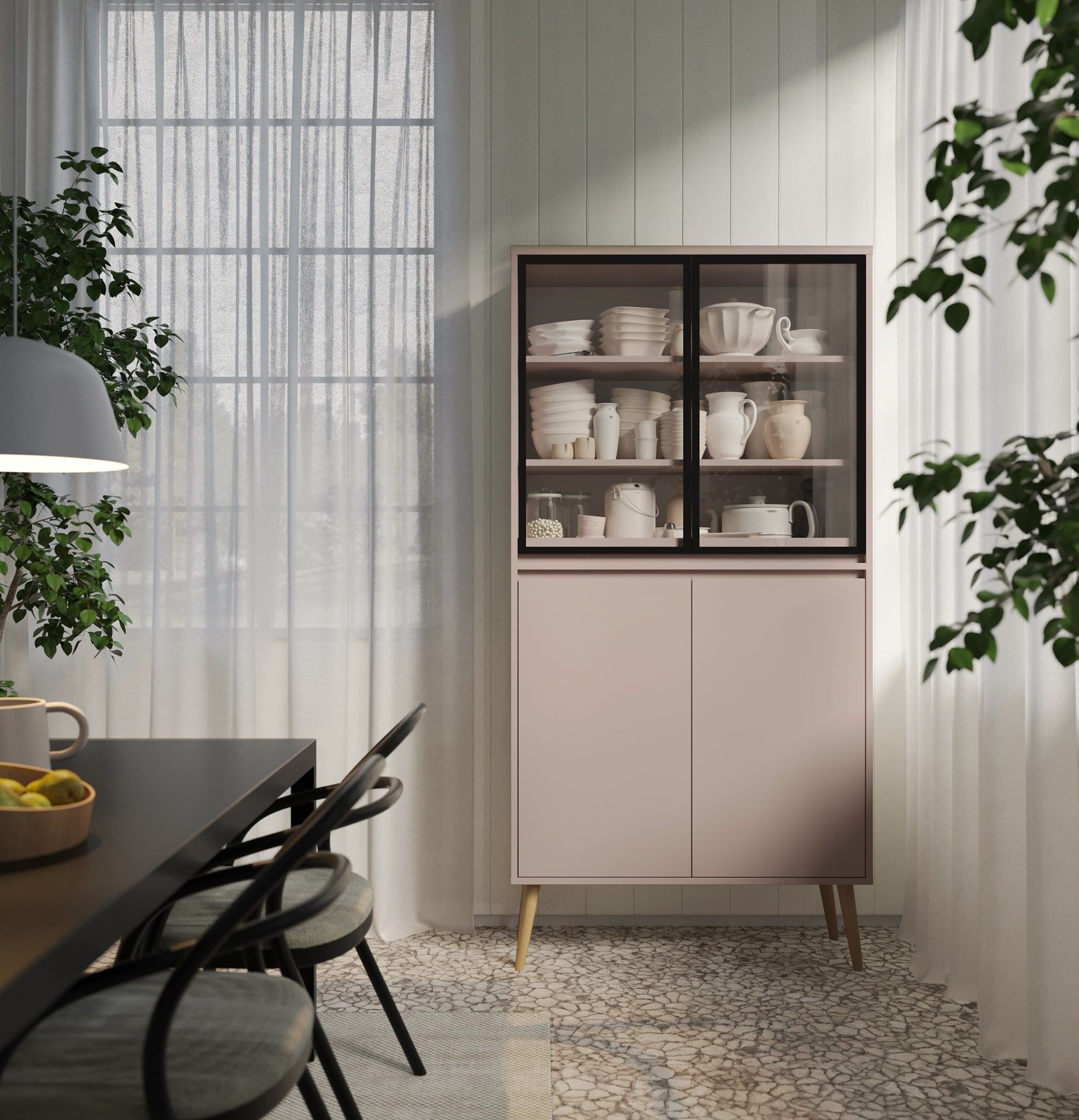 Dulap FENRIS WF1
Culoare: Antique Rose
Picior: Cilindru din fag colorat
Tip de sticlă: Sticlă netedă