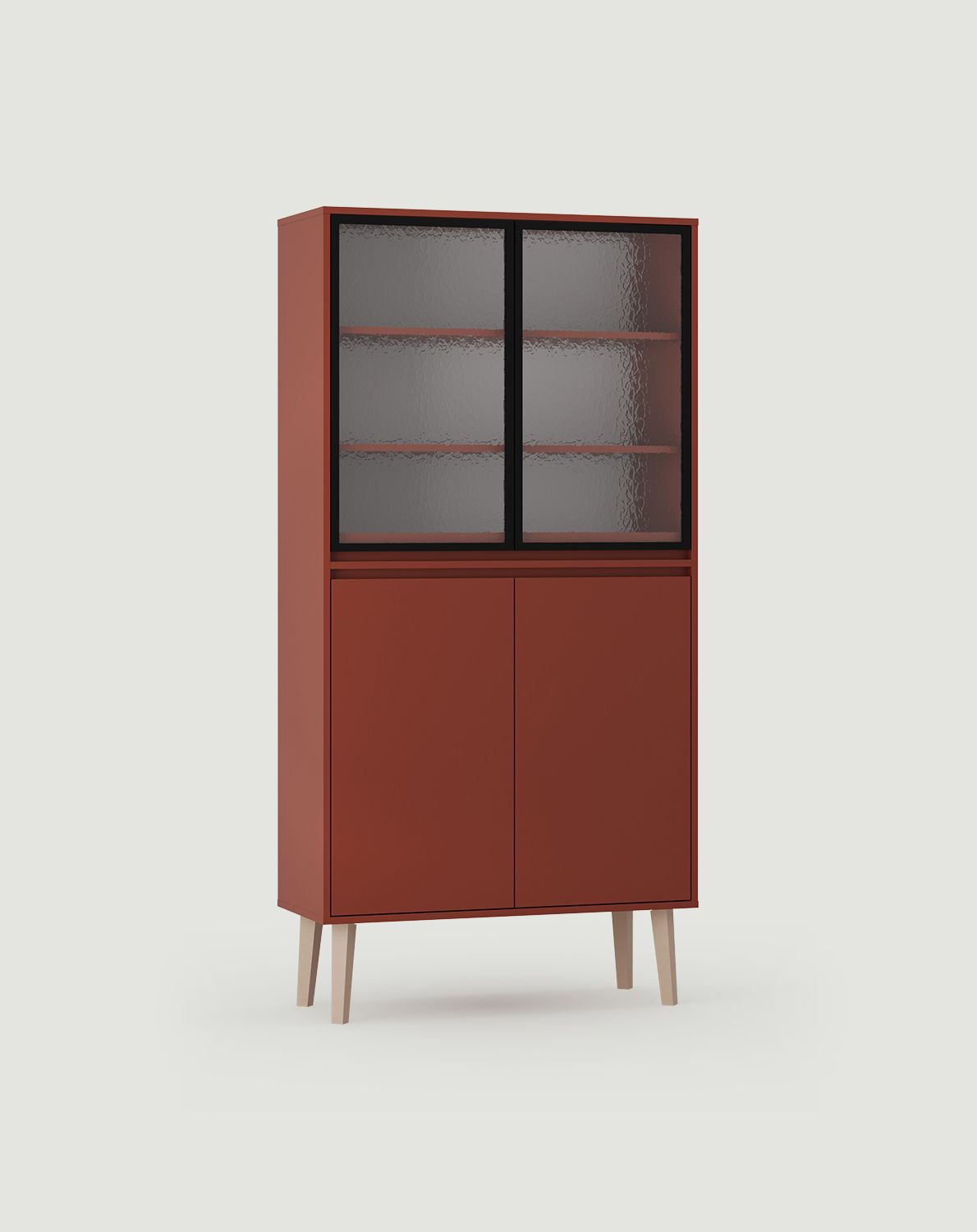 Vitrină FENRIS WF1
Culoare: teracotă aprinsă
Picior: Fag trapezoidal bej
Tip de sticlă: Sticlă ornamentală Flumen
                            