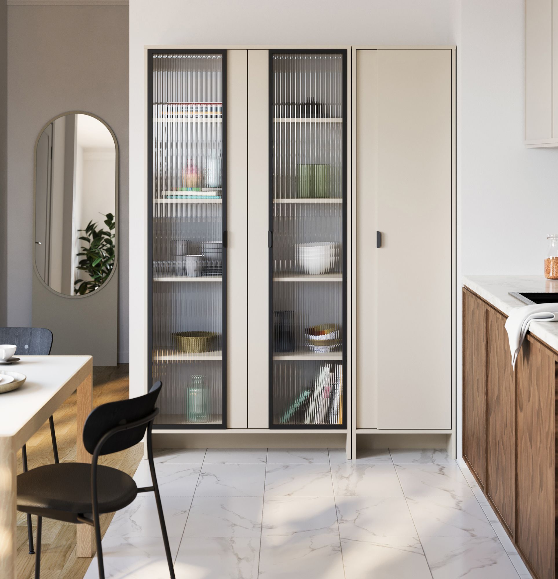 Dulap LAYERS LAY45
Culoare: bej șampanie
Culoarea frontală a celui de-al doilea strat: Champagne Beige
Mâner: Mâner LAYERS 110 Black Onyx
Tip de sticlă: Sticlă ornamentală canelată