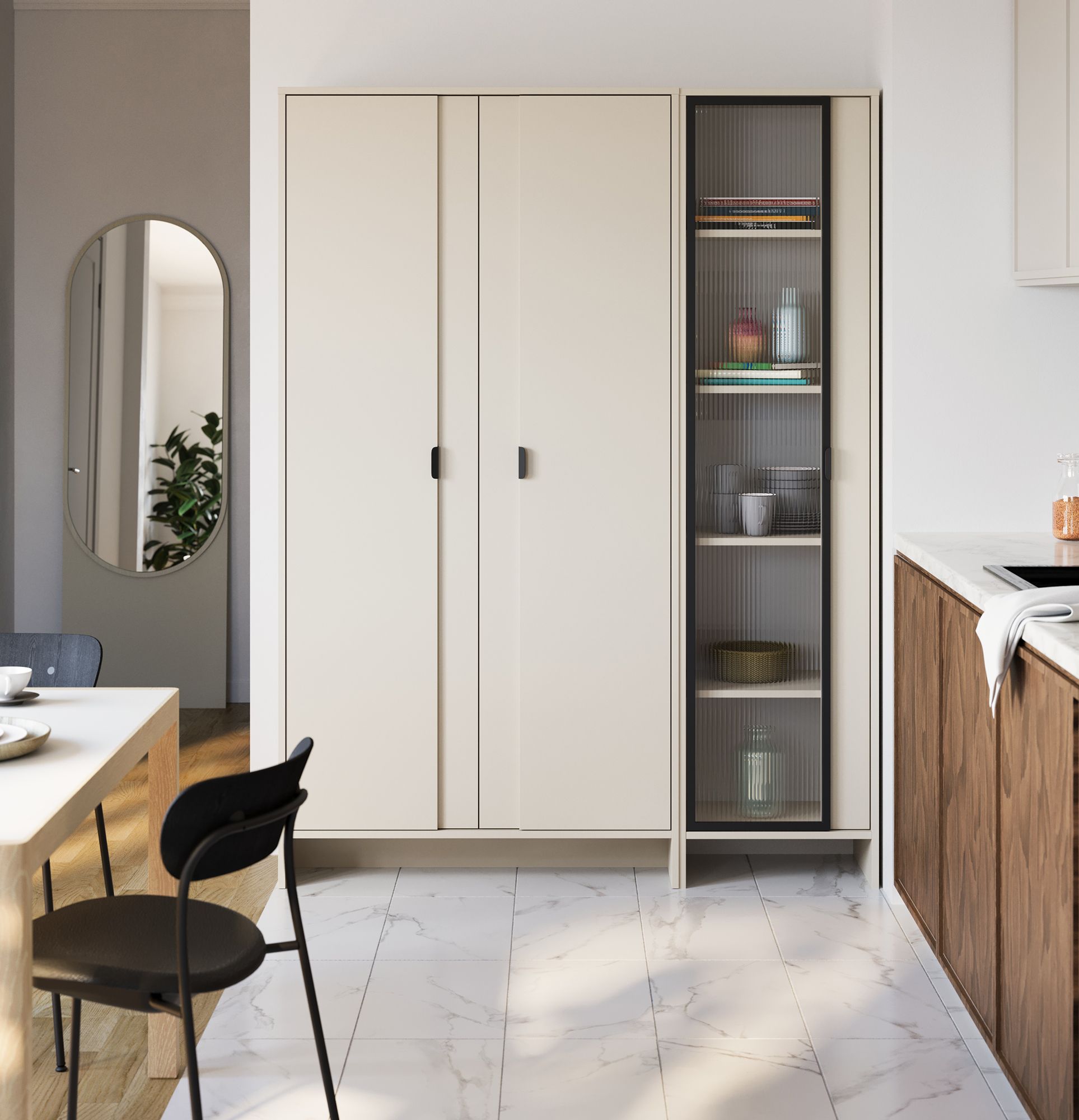 Dulap LAYERS LAY46
Culoare: bej șampanie
Culoarea frontală a celui de-al doilea strat: Champagne Beige
Mâner: Mâner LAYERS 110 Black Onyx
Tip de sticlă: Sticlă ornamentală canelată