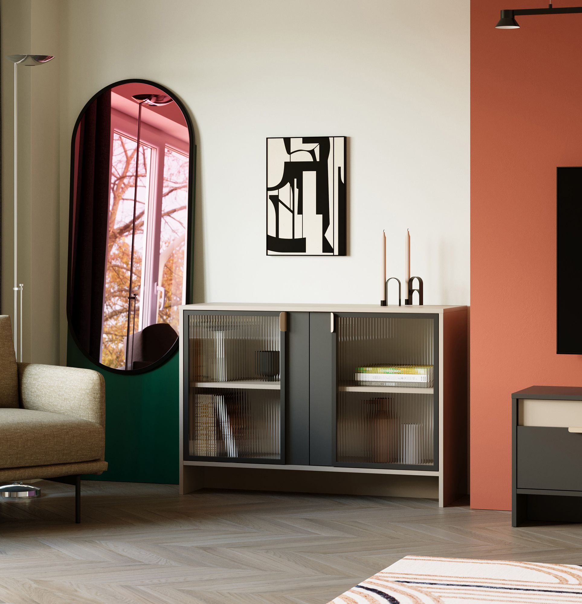 Vitrină joasă LAYERS LAY51
Culoare: Cappuccino
Culoarea frontală a celui de-al doilea strat: Deep Basalt
Mâner: Mâner LAYERS 110 Cappuccino
Tip de sticlă: Sticlă ornamentală canelată