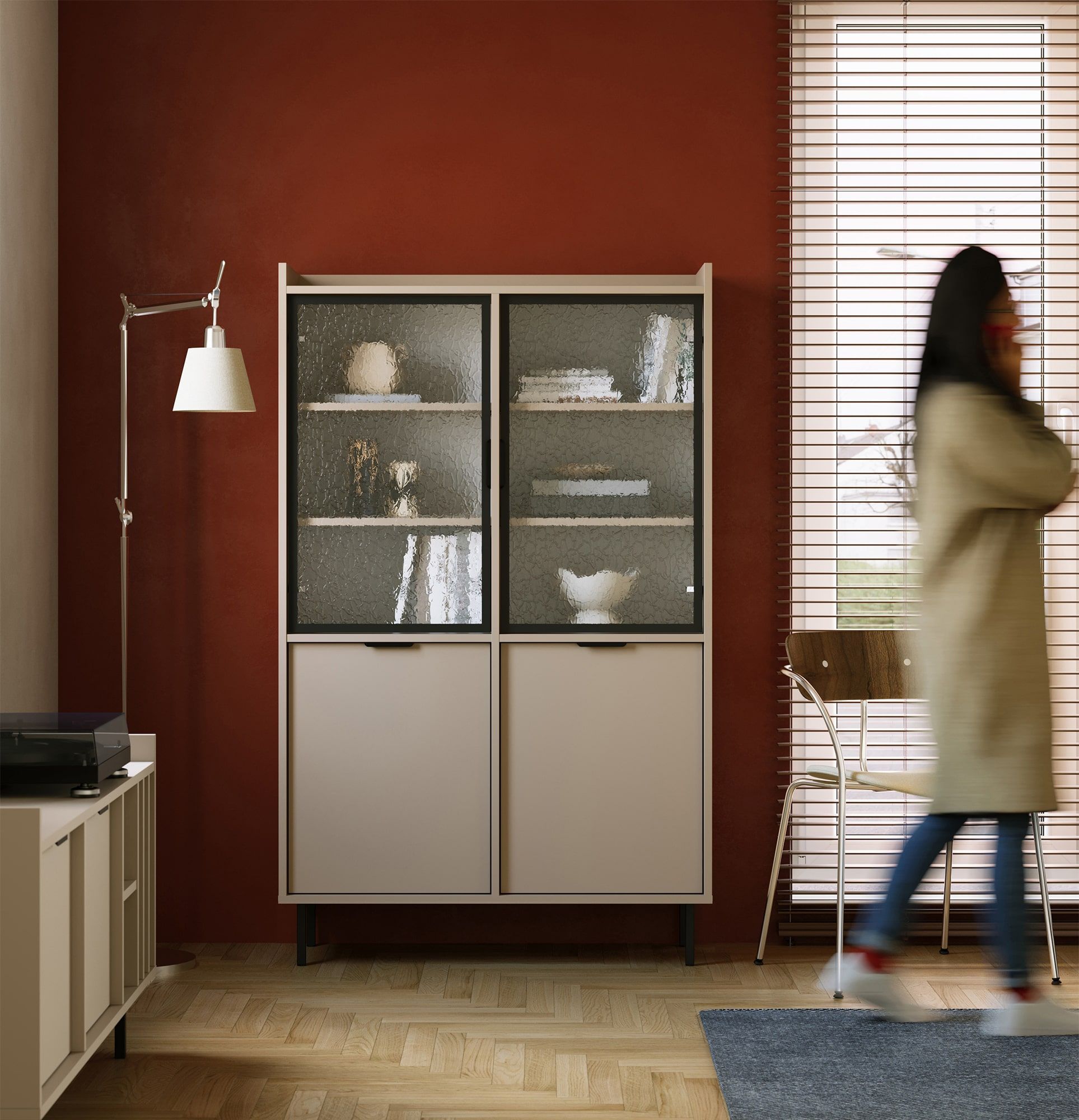 Vitrină SIGI low WSN4
Culoare: Cappuccino
Sticlă: Sticlă ornamentală Flumen
Picior: Negru
Mâner: Mâner LING negru