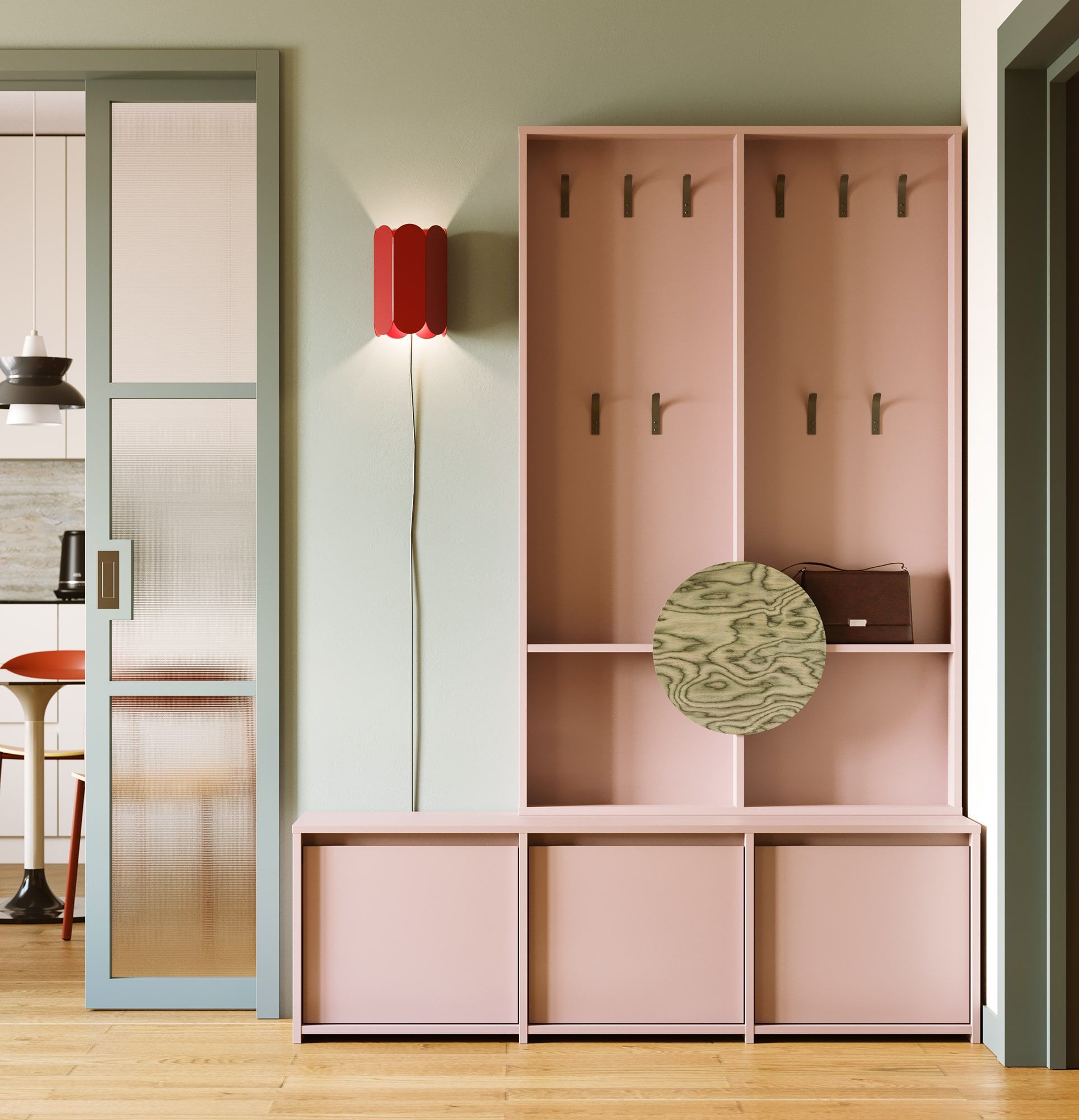 Set dulap pantofi RA03 cu cuier RA17 RAGNAR
Culoare: Antique Rose
Cârlige: Arc din oțel Milky Way
Elemente suplimentare: Capac cerc Sottsass furnir gri